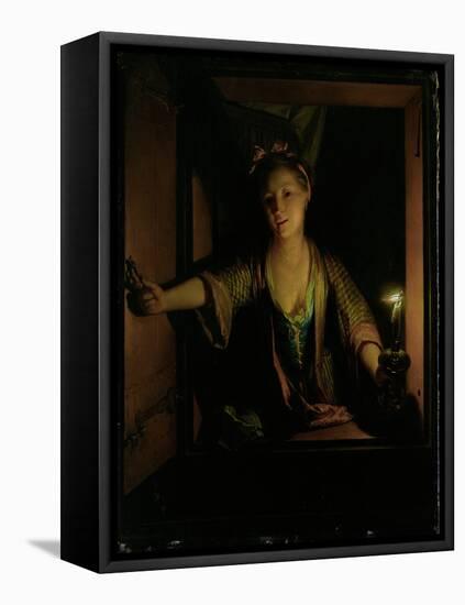 A Girl at the Window (Oil on Board)-Godfried Schalcken-Framed Stretched Canvas