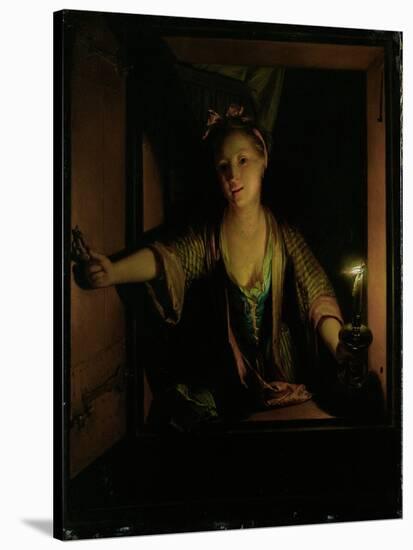 A Girl at the Window (Oil on Board)-Godfried Schalcken-Stretched Canvas