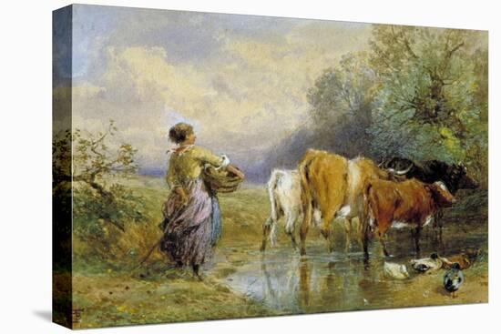 A Girl Driving Cattle across a Stream, 19th Century-Myles Birket Foster-Stretched Canvas