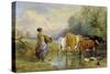 A Girl Driving Cattle across a Stream, 19th Century-Myles Birket Foster-Stretched Canvas
