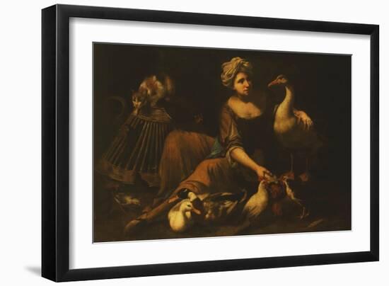 A Girl Feeding Cockerels, with a Cat on a Basket, a Goose, Duck and other Birds-called Mao Salini Tommaso-Framed Premium Giclee Print
