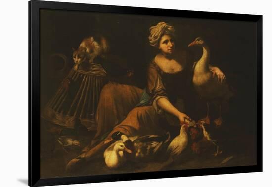 A Girl Feeding Cockerels, with a Cat on a Basket, a Goose, Duck and other Birds-called Mao Salini Tommaso-Framed Giclee Print