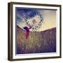 A Girl in a Field Tossing a Birdcage in the Air with Birds Flying in the Shape of a Heart Toned Wit-graphicphoto-Framed Photographic Print