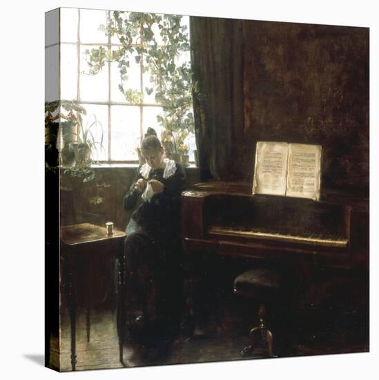A Girl Knitting by the Window-Carl Holsoe-Stretched Canvas