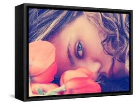 A Girl Resting Her Head on a Table with Flowers Vintage Toned-graphicphoto-Framed Stretched Canvas