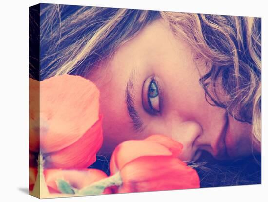 A Girl Resting Her Head on a Table with Flowers Vintage Toned-graphicphoto-Stretched Canvas