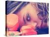 A Girl Resting Her Head on a Table with Flowers Vintage Toned-graphicphoto-Stretched Canvas