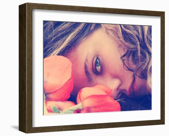 A Girl Resting Her Head on a Table with Flowers Vintage Toned-graphicphoto-Framed Photographic Print