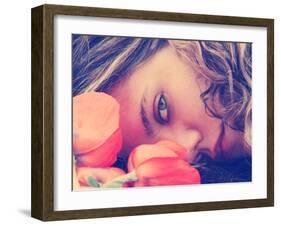 A Girl Resting Her Head on a Table with Flowers Vintage Toned-graphicphoto-Framed Photographic Print