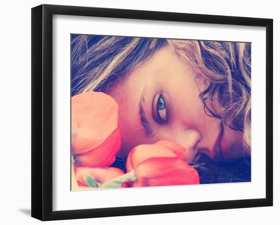 A Girl Resting Her Head on a Table with Flowers Vintage Toned-graphicphoto-Framed Photographic Print