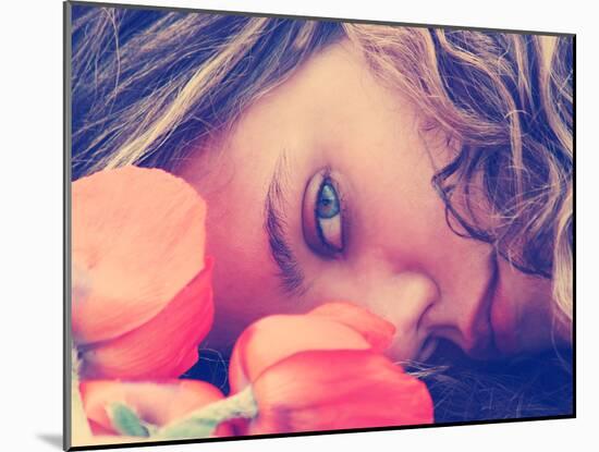 A Girl Resting Her Head on a Table with Flowers Vintage Toned-graphicphoto-Mounted Photographic Print