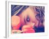 A Girl Resting Her Head on a Table with Flowers Vintage Toned-graphicphoto-Framed Photographic Print