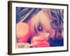 A Girl Resting Her Head on a Table with Flowers Vintage Toned-graphicphoto-Framed Photographic Print