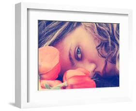 A Girl Resting Her Head on a Table with Flowers Vintage Toned-graphicphoto-Framed Photographic Print