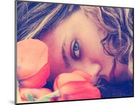 A Girl Resting Her Head on a Table with Flowers Vintage Toned-graphicphoto-Mounted Photographic Print