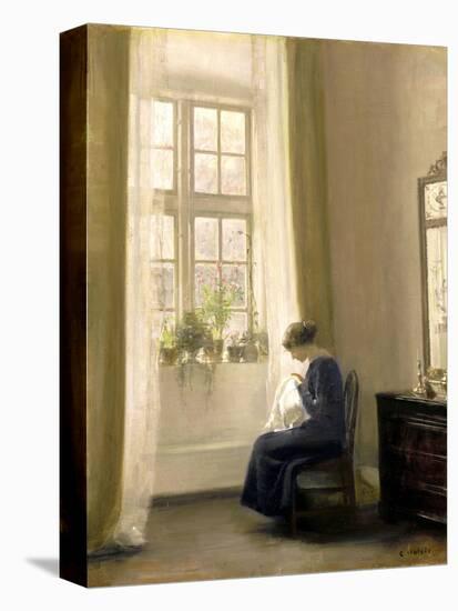 A Girl Sewing in an Interior-Carl Holsoe-Stretched Canvas