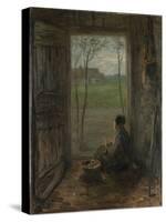 A Girl Sits in the Doorway of a House to Peel Potatoes-Jozef Israels-Stretched Canvas