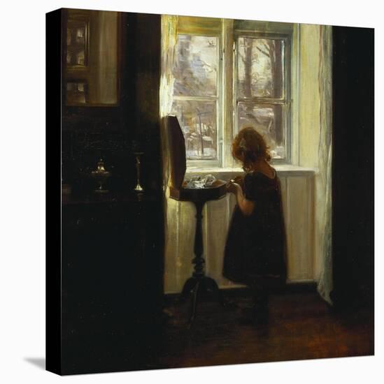 A Girl Standing by a Sewing Table-Carl Holsoe-Stretched Canvas