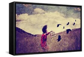 A Girl Walking in a Field with a Flock of Birds Done with a Vintage Retro Instagram Filter-graphicphoto-Framed Stretched Canvas