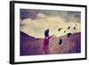 A Girl Walking in a Field with a Flock of Birds Done with a Vintage Retro Instagram Filter-graphicphoto-Framed Photographic Print