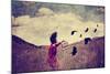 A Girl Walking in a Field with a Flock of Birds Done with a Vintage Retro Instagram Filter-graphicphoto-Mounted Photographic Print