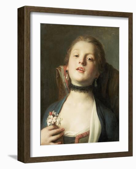 A Girl Wearing Pearl Drop Earrings and a Black Lace Choker-Pietro Antonio Rotari-Framed Giclee Print