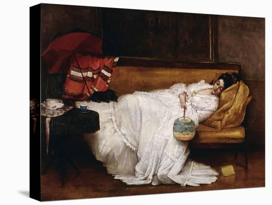 A Girl with a Japanese Fan Asleep on a Sofa-Alfred Emile Léopold Stevens-Stretched Canvas