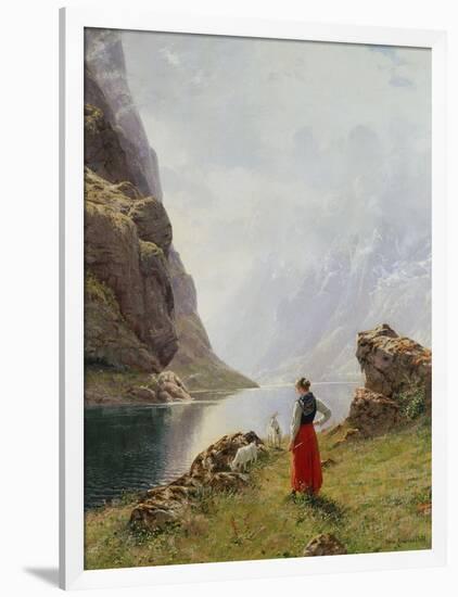 A Girl with Goats by a Fjord-Hans Dahl-Framed Giclee Print