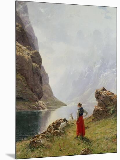 A Girl with Goats by a Fjord-Hans Dahl-Mounted Giclee Print