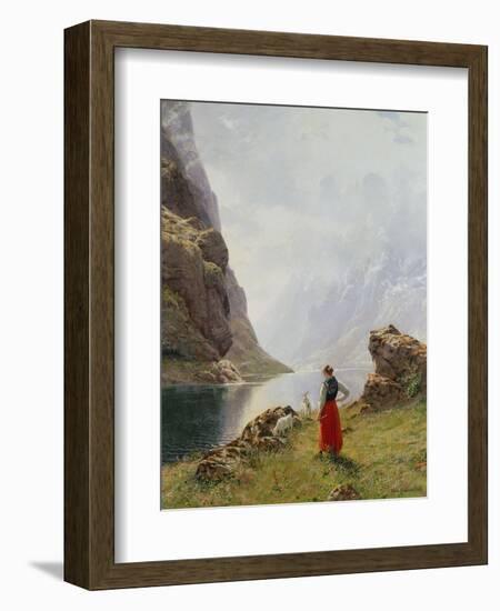 A Girl with Goats by a Fjord-Hans Dahl-Framed Giclee Print