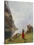 A Girl with Goats by a Fjord-Hans Dahl-Stretched Canvas