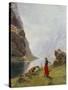 A Girl with Goats by a Fjord-Hans Dahl-Stretched Canvas