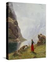 A Girl with Goats by a Fjord-Hans Dahl-Stretched Canvas