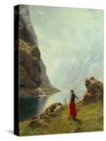 A Girl with Goats by a Fjord-Hans Andreas Dahl-Stretched Canvas