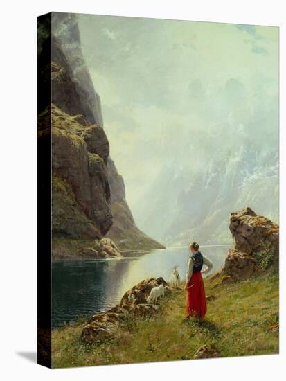 A Girl with Goats by a Fjord-Hans Andreas Dahl-Stretched Canvas