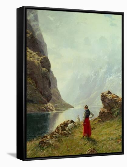 A Girl with Goats by a Fjord-Hans Andreas Dahl-Framed Stretched Canvas