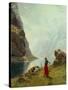 A Girl with Goats by a Fjord-Hans Andreas Dahl-Stretched Canvas