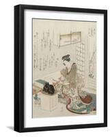 A Girl with Two Cats-Ryuryukyo Shinsai-Framed Giclee Print