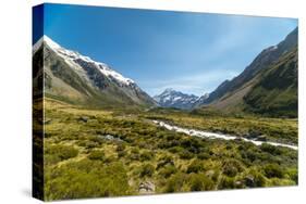 A glacier fed creek cuts through a green valley high in the mountains, South Island, New Zealand-Logan Brown-Stretched Canvas