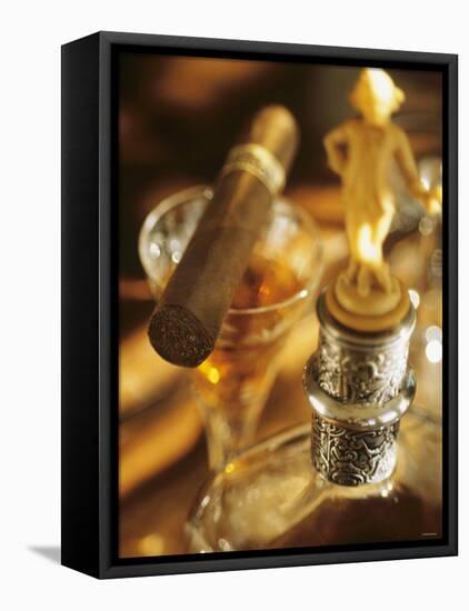 A Glass of Brandy a Decanter and a Cigar-null-Framed Stretched Canvas