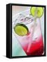 A Glass of Raspberry Soda with Ice Cubes and Lime Slices-null-Framed Stretched Canvas