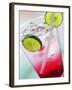 A Glass of Raspberry Soda with Ice Cubes and Lime Slices-null-Framed Photographic Print