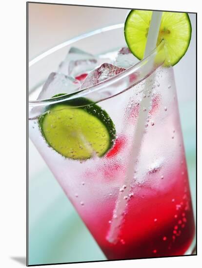 A Glass of Raspberry Soda with Ice Cubes and Lime Slices-null-Mounted Photographic Print