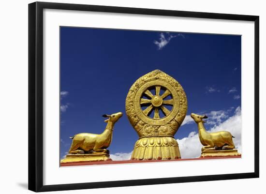 A Golden Dharma Wheel and Deer Sculptures-Simon Montgomery-Framed Photographic Print