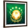 A Golden Soccer Ball with Laurel Wreath Against Shining Stars and Green-Olena Bogadereva-Framed Art Print