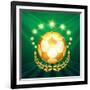 A Golden Soccer Ball with Laurel Wreath Against Shining Stars and Green-Olena Bogadereva-Framed Art Print