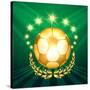 A Golden Soccer Ball with Laurel Wreath Against Shining Stars and Green-Olena Bogadereva-Stretched Canvas