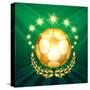 A Golden Soccer Ball with Laurel Wreath Against Shining Stars and Green-Olena Bogadereva-Stretched Canvas