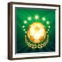 A Golden Soccer Ball with Laurel Wreath Against Shining Stars and Green-Olena Bogadereva-Framed Art Print