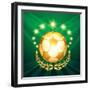 A Golden Soccer Ball with Laurel Wreath Against Shining Stars and Green-Olena Bogadereva-Framed Art Print